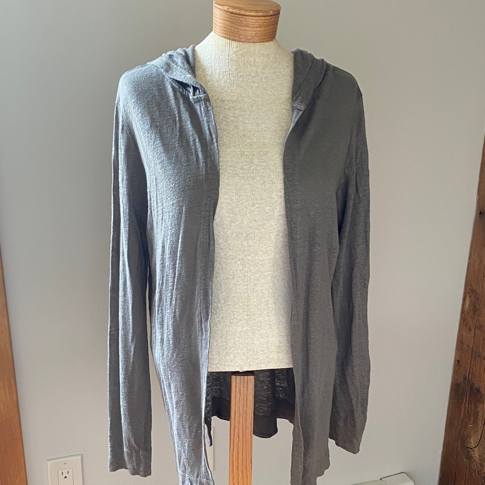 Tahari 100% linen women’s olive open front lightweight hooded cardigan Sz M